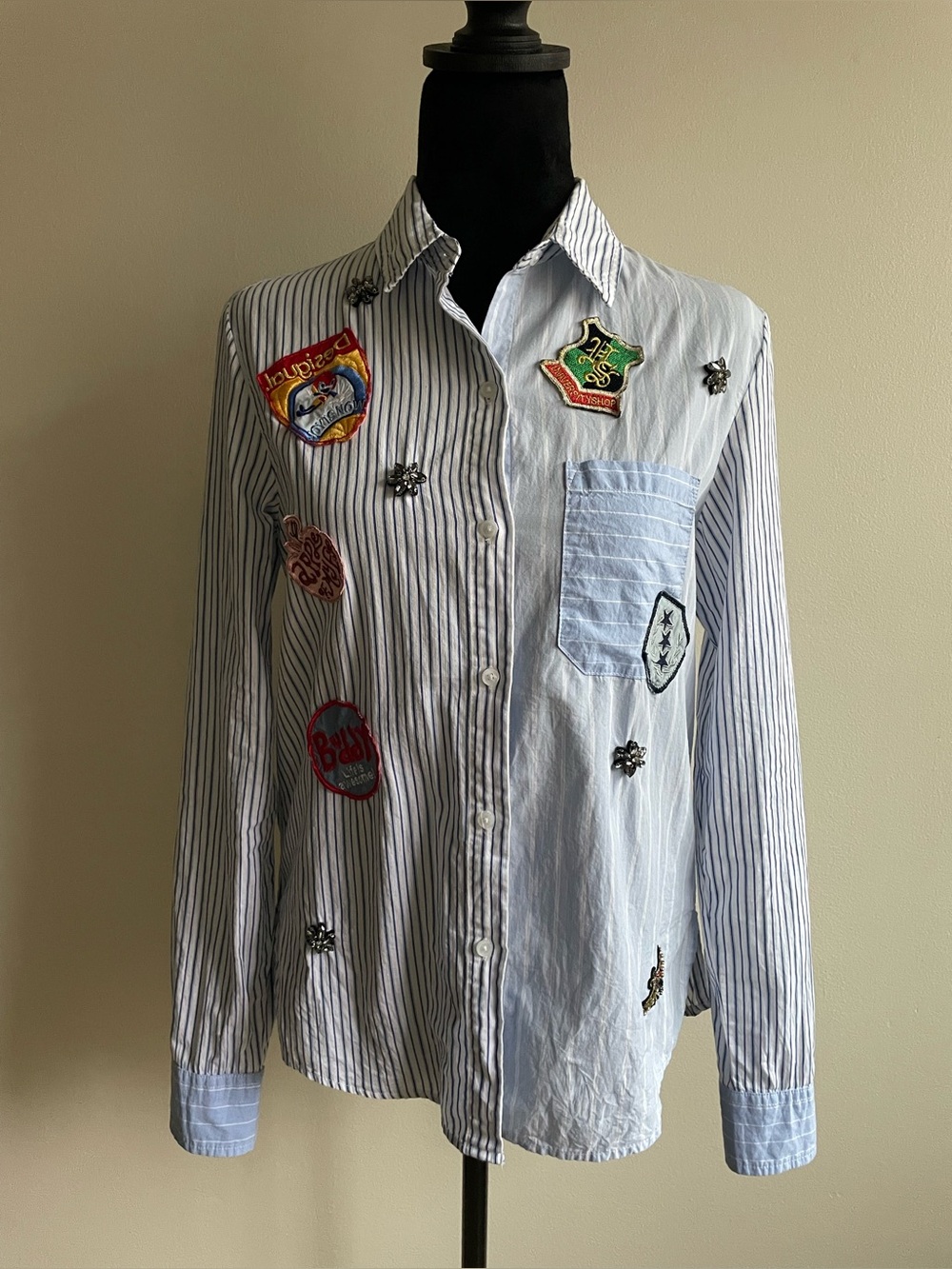 Desigual Lian Striped Patchwork Shirt XS Blue College Patches